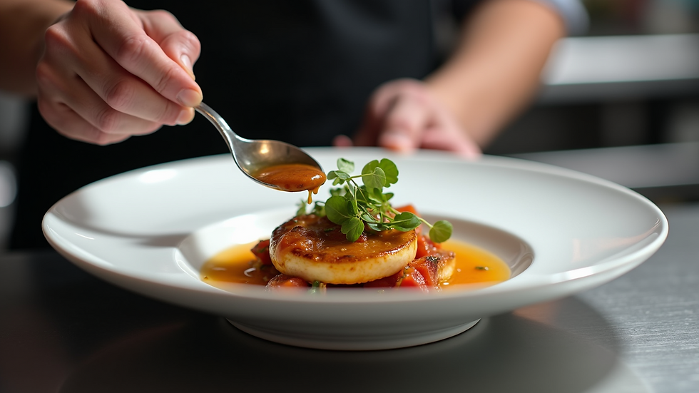 Close-up view of a gourmet dish being plated by a private chef