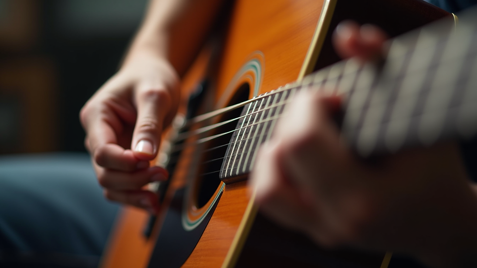 Close-up view of guitar strings and fretboard during practice