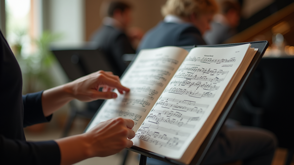 Eye-level view of a music teacher arranging sheet music on a stand