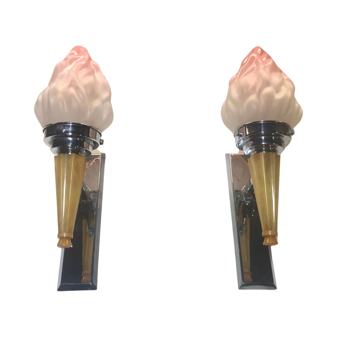 Pair of Art Deco Flaming Globe Wall Lights