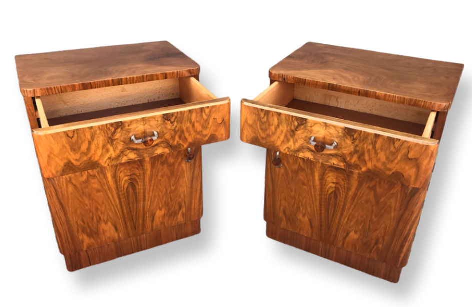 Thumbnail: Matching pair of Art Deco figured walnut nightstands/bedside cabinets