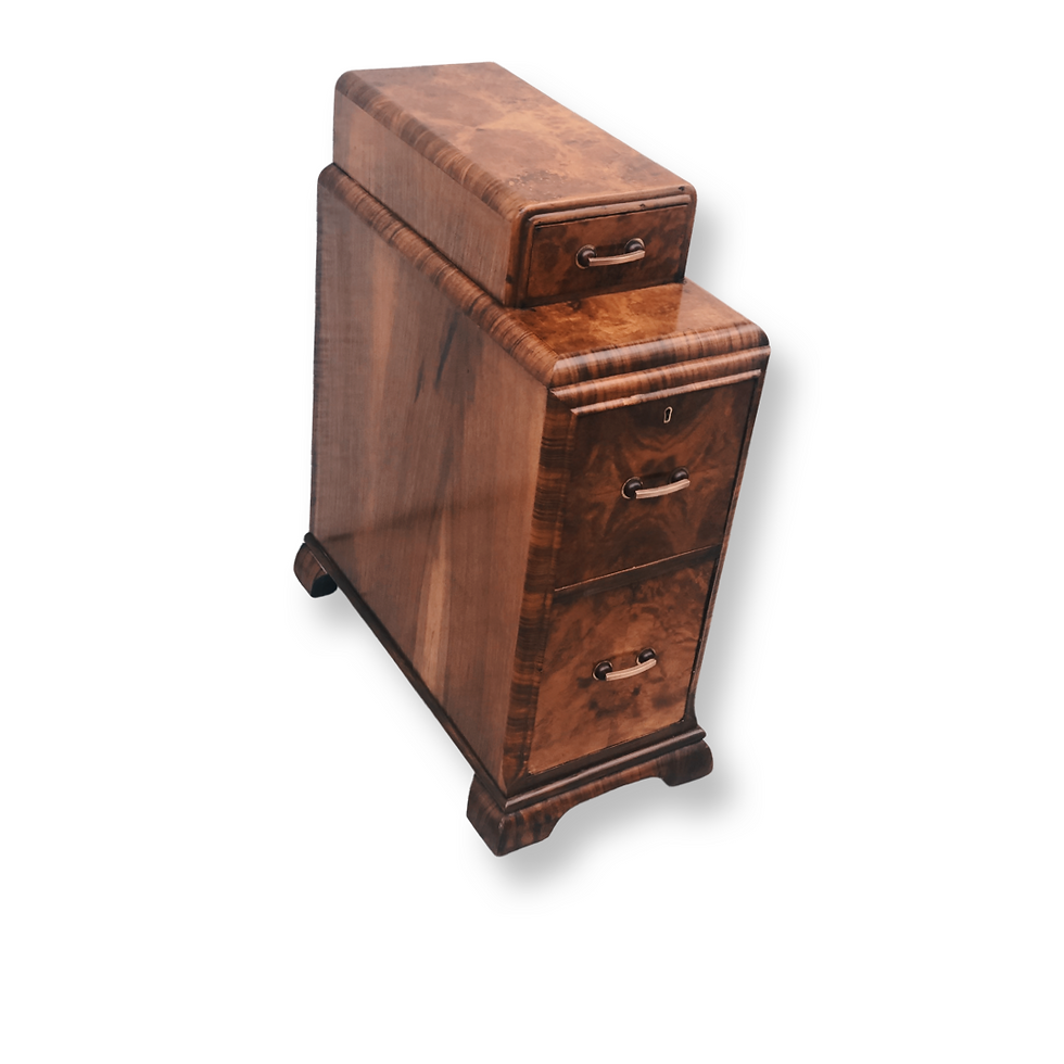 Thumbnail: Pair of English Art Deco figured walnut bedside cabinets