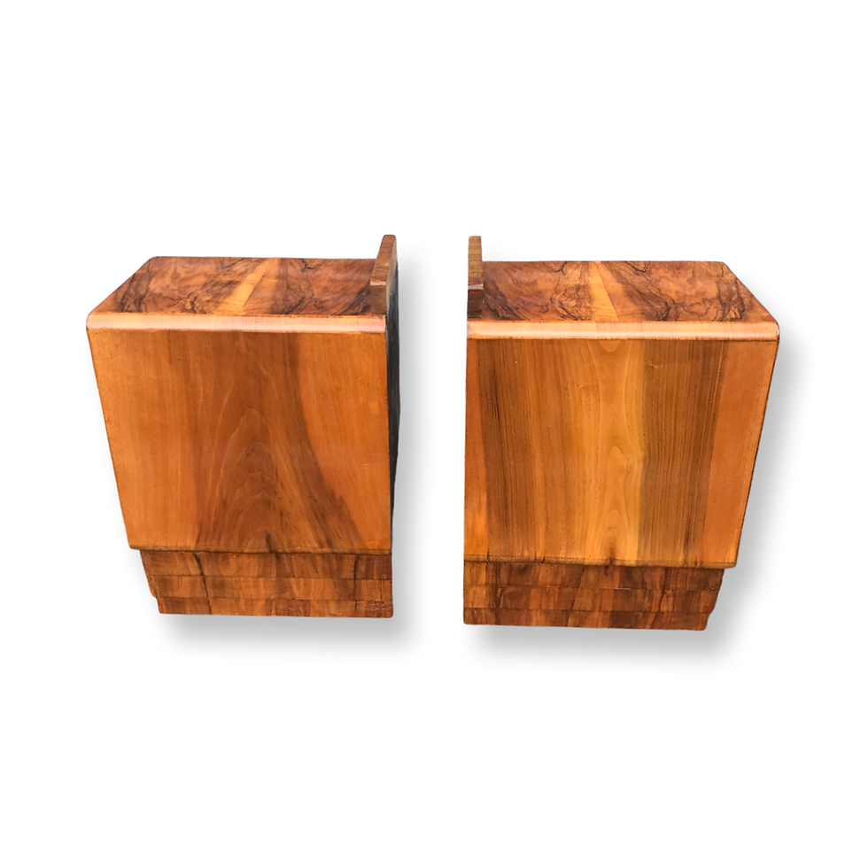 Thumbnail: Pair of Matching Art Deco figured walnut nightstands/bedside cabinets