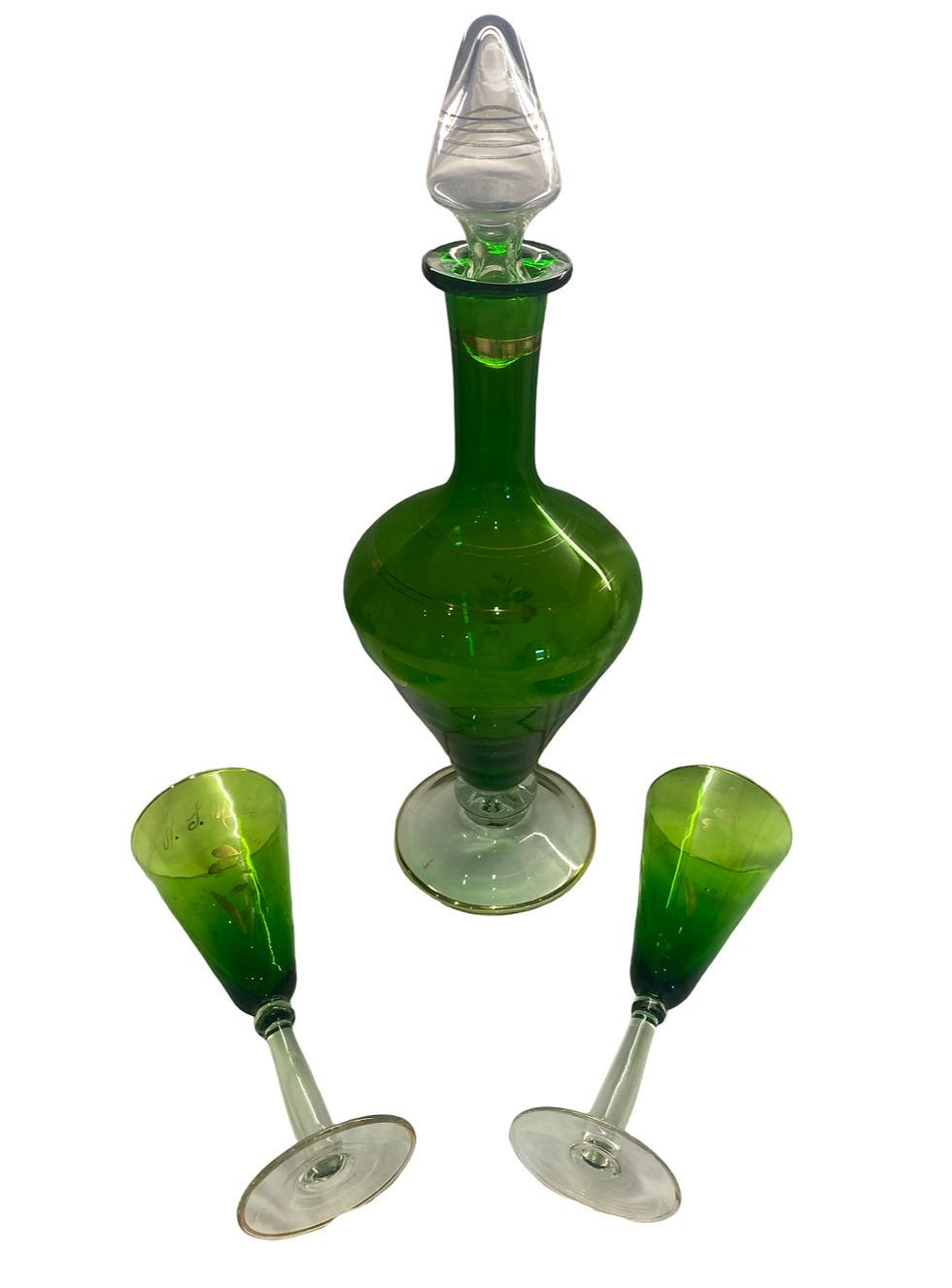Thumbnail: Emerald Green Art Deco Decanter and 2 Wine Glasses