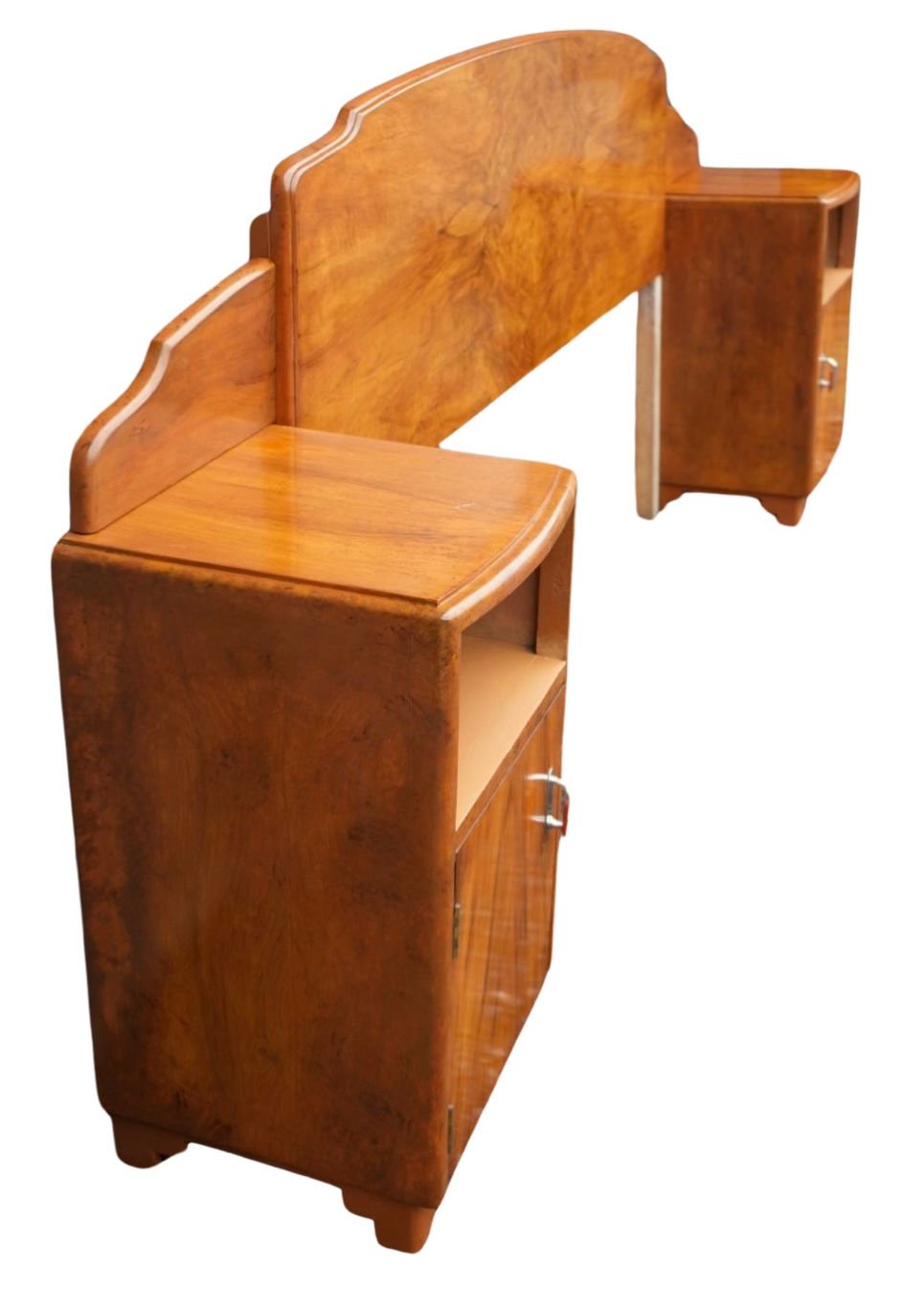Thumbnail: Art Deco Walnut Headboard and attached matching bedside cabinets