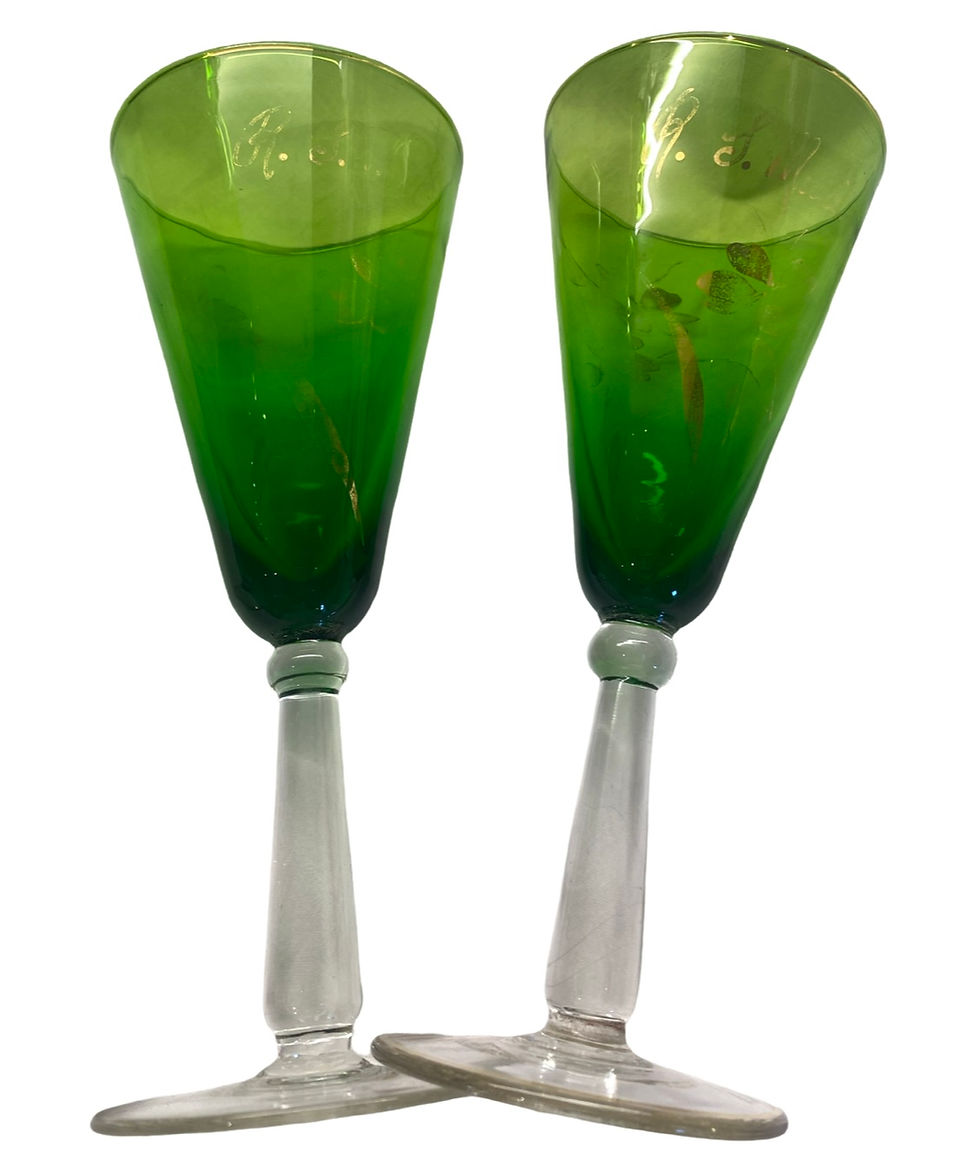 Thumbnail: Emerald Green Art Deco Decanter and 2 Wine Glasses