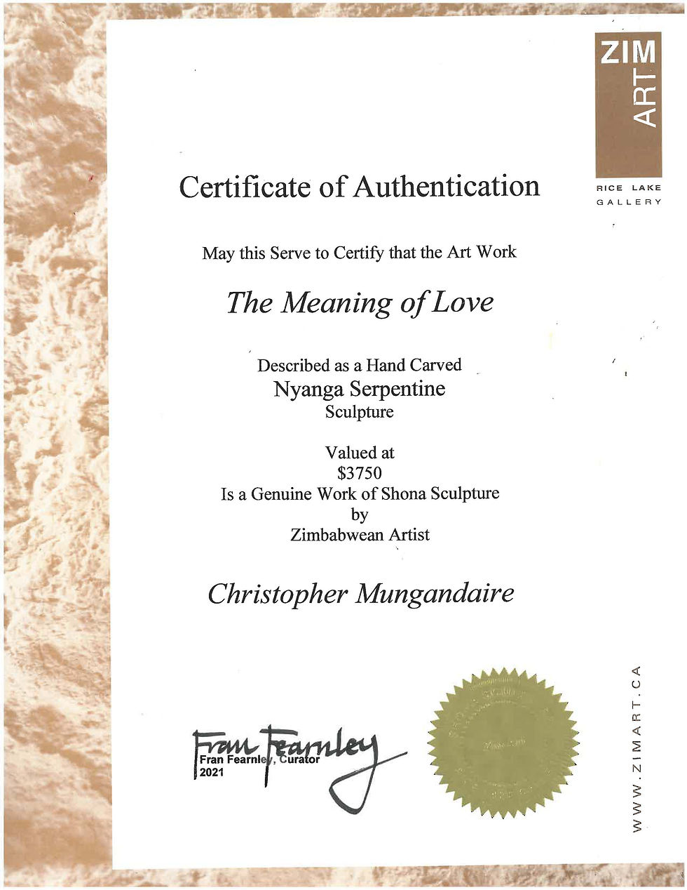 Christopher Mungandaire The Meaning of Love Certificate