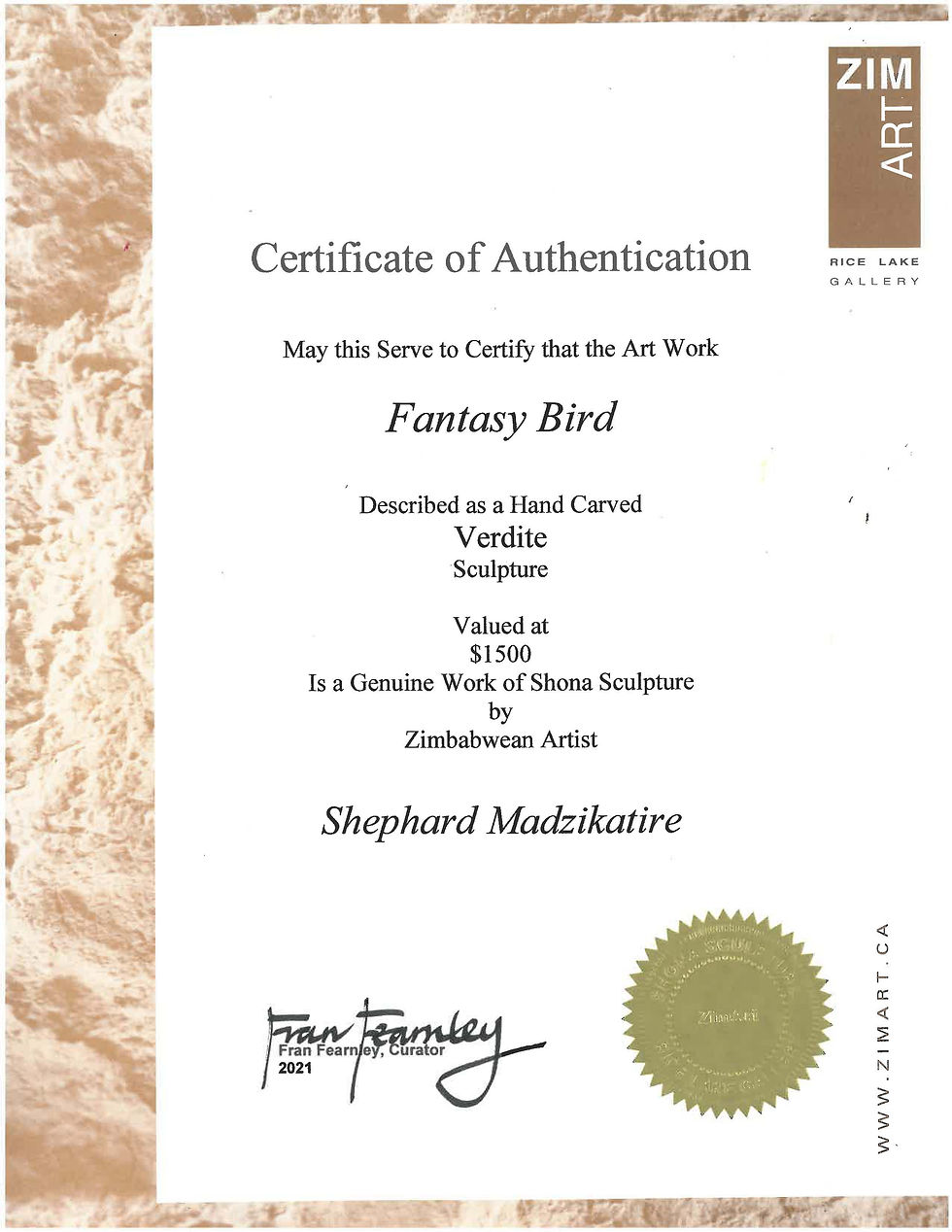 Shephard Madzikatire Fantasy Bird Certificate