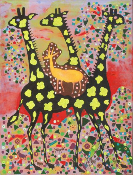 Steenbok and three giraffes