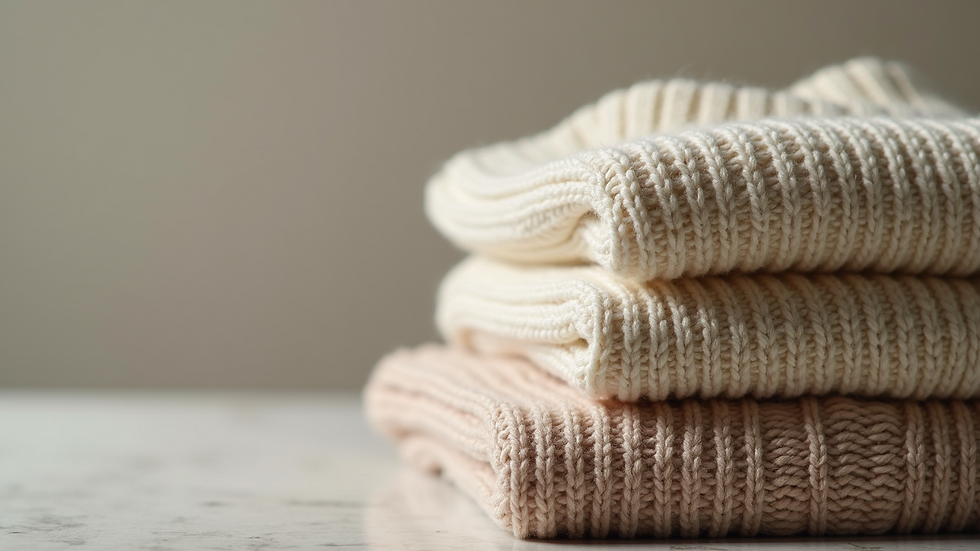 Close-up view of folded high-quality sweaters in neutral tones