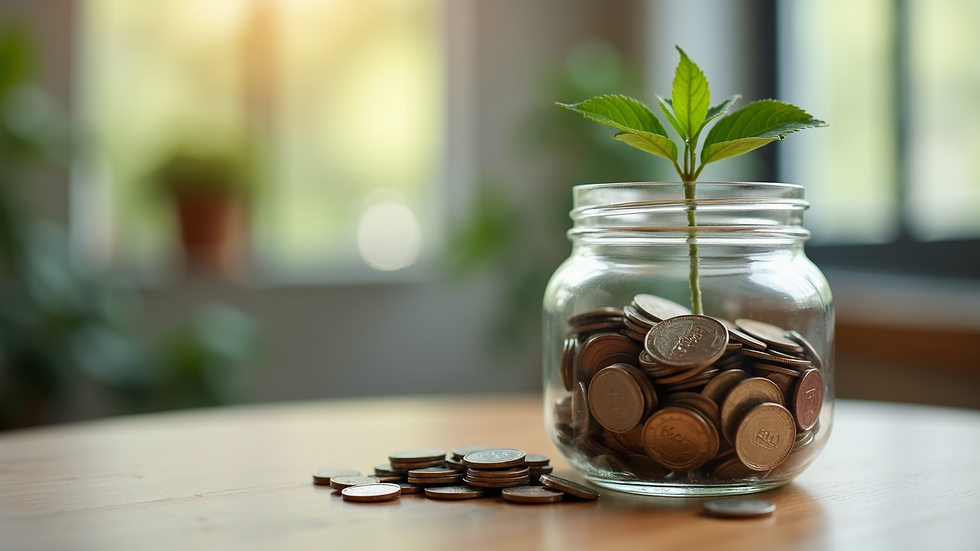 Close-up view of a savings jar filled with coins on a wooden table