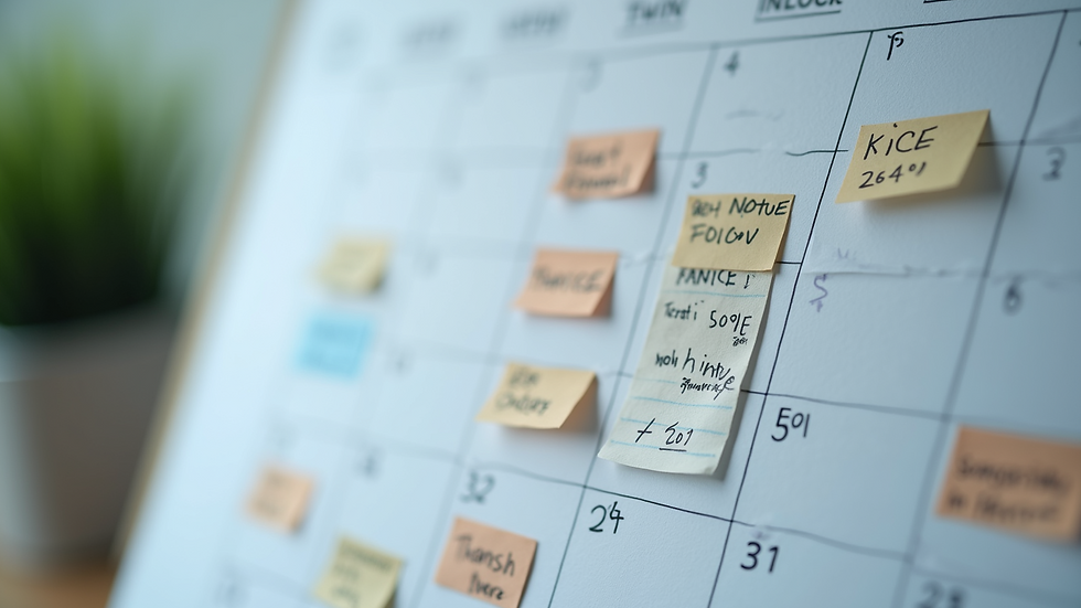 Close-up view of a calendar with financial notes and reminders