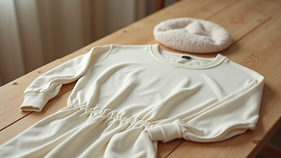 Close-up view of a minimalist outfit laid out on a wooden surface with neutral tones