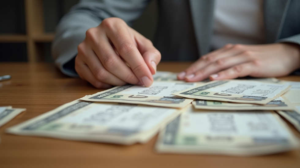 Close-up of a hand placing cash into labeled envelopes on a table