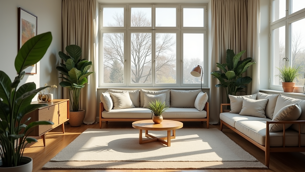 High angle view of a cozy living room with minimal furniture and plants