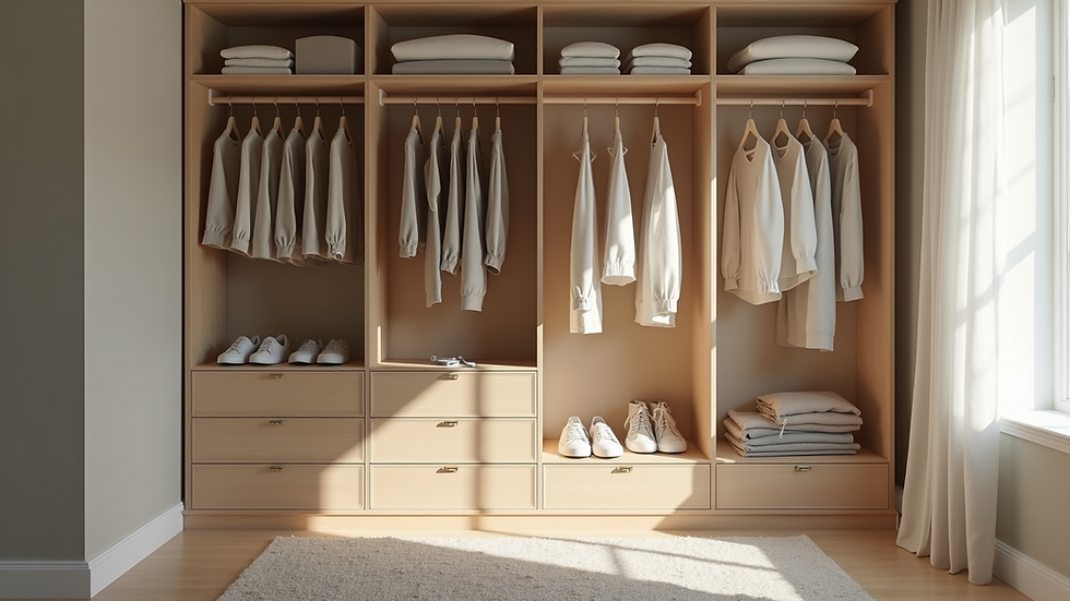 Eye-level view of a neatly organized minimalist wardrobe with neutral-colored clothing