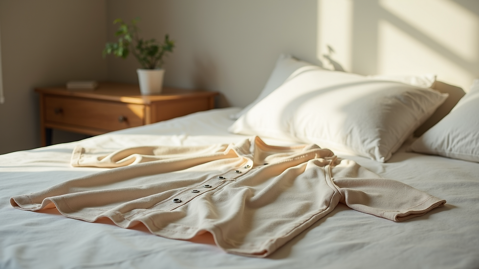 Close-up view of a simple outfit laid out on a bed with neutral tones