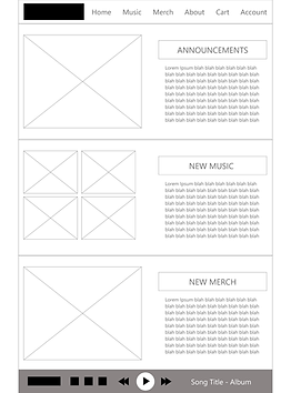 Low-Fidelity mockup of Egg Wets band's website home page. Shows navigation header with page tabs up top, announcements section, new music section, and new merch section with track controls on bottom of page.