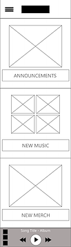 Low-fidelity mockup of mobile version of Egg Wets home page. Shows announcements section, new music section, new merch section, and track controls on bottom.