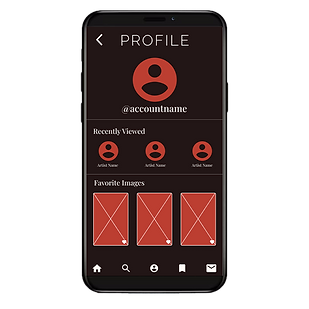 Smart phone with screen showing low-fidelity mockup of personal profile page for Artist Bio App. Shows profile header, account name, recently viewed section with three profile pics and artist names underneath, and favorite images section with three mockup images of artist's work below. Navigation bar on bottom.