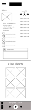Low-fidelity mockup of mobile version for Egg Wets album page for band's website. Shows album, song title and track listing for album, Comments section and details about the album, and other albums section.