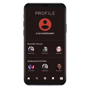 Smart phone showing account profile page of Artist Bio App. Shows profile header with account name, recently viewed section with three profile pictures and artists' names underneath, then bookmarked profiles section with three other profile pictures and artists' names underneath. Navigation bar on bottom.