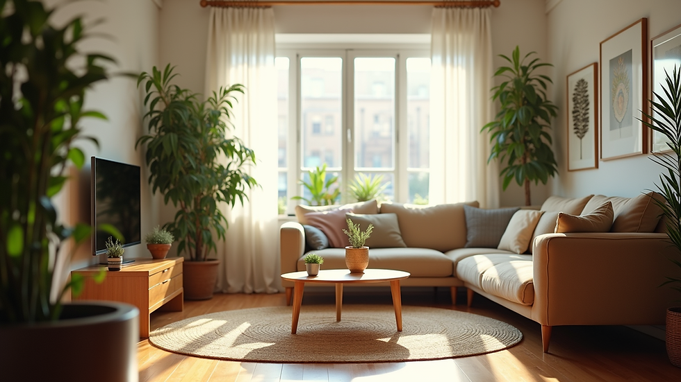 Eye-level view of a cozy living room with plants and soft lighting