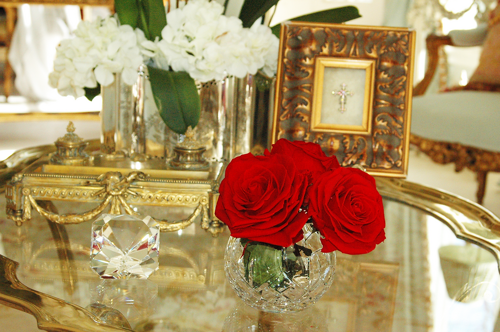 Crystal Rose Bowl with Three huge red Roses