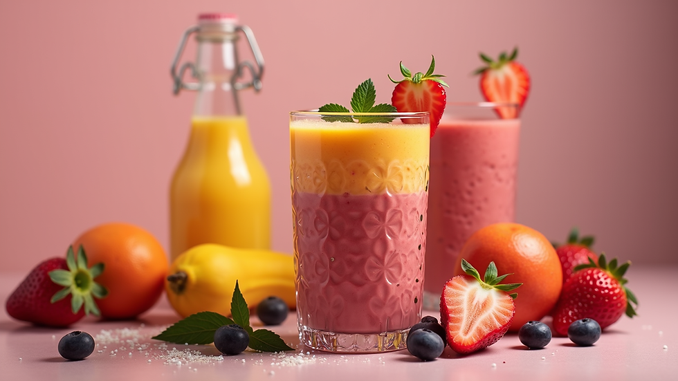 Eye-level view of a colorful fruit smoothie in a glass