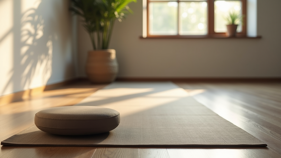 Close-up of yoga mat and meditation cushion in a calm room
