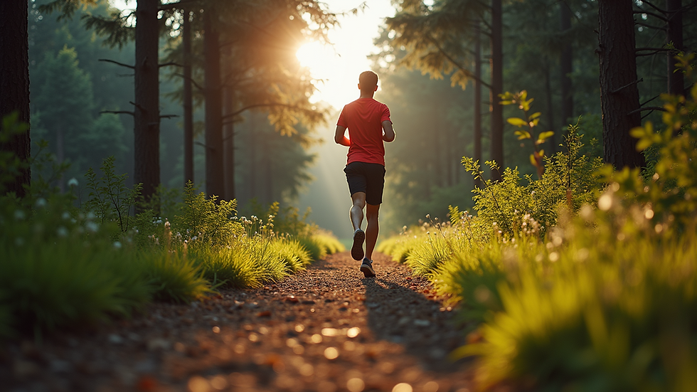 Eye-level view of a person jogging on a forest trail