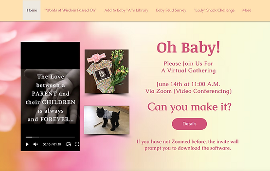 Screenshot of the virtual baby shower website created during COVID for my daughter