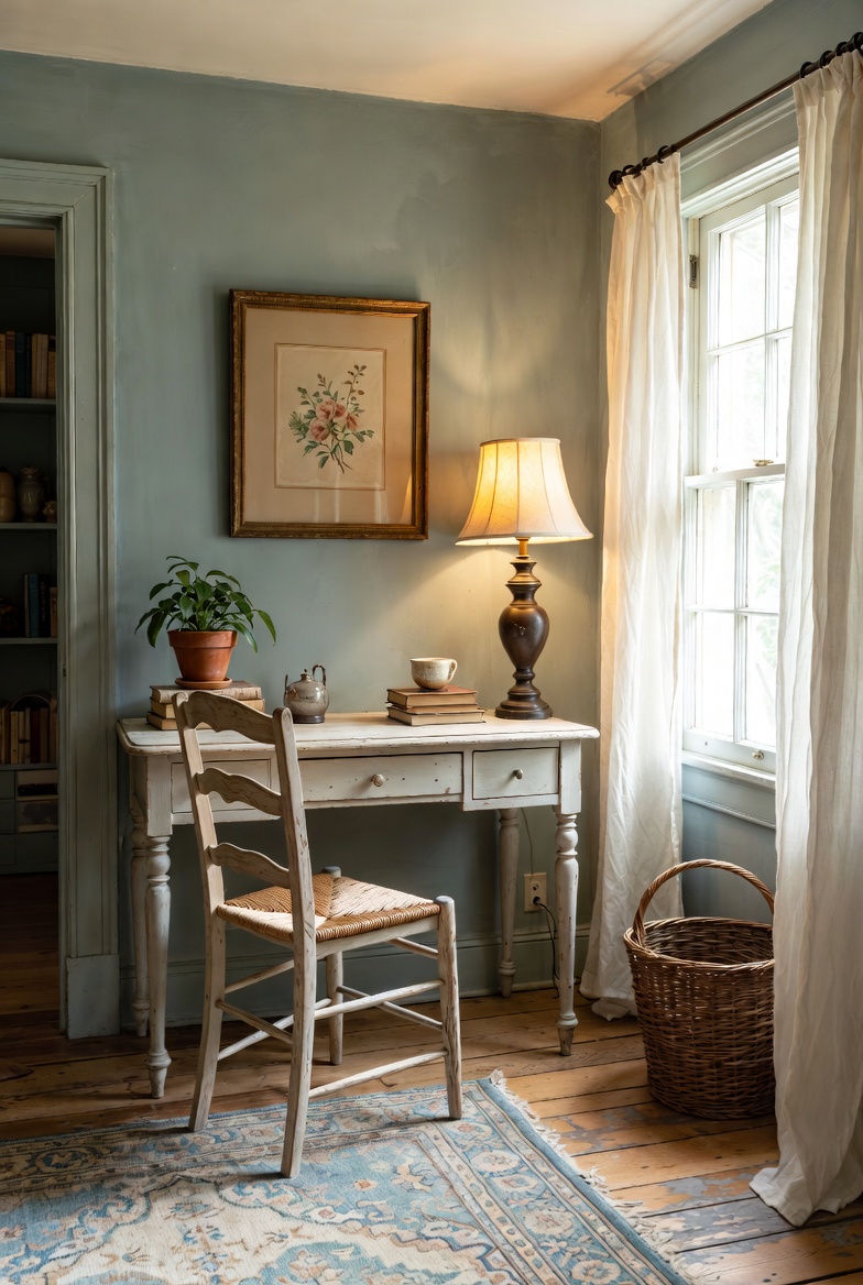 A French‑country table and chair arranged by a window, with warm daylight creating a calm, welcoming feel.