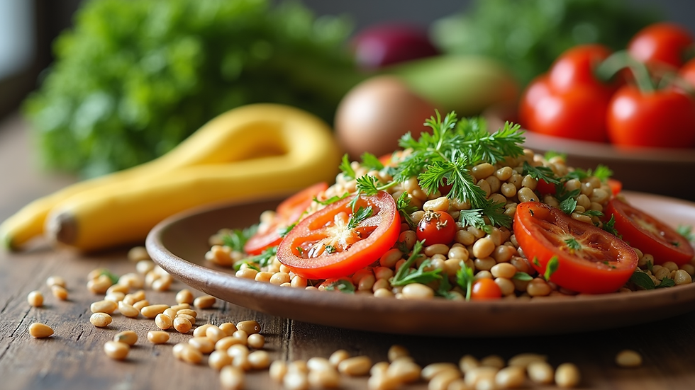 Close-up view of a healthy meal with fresh vegetables and grains on a wooden table