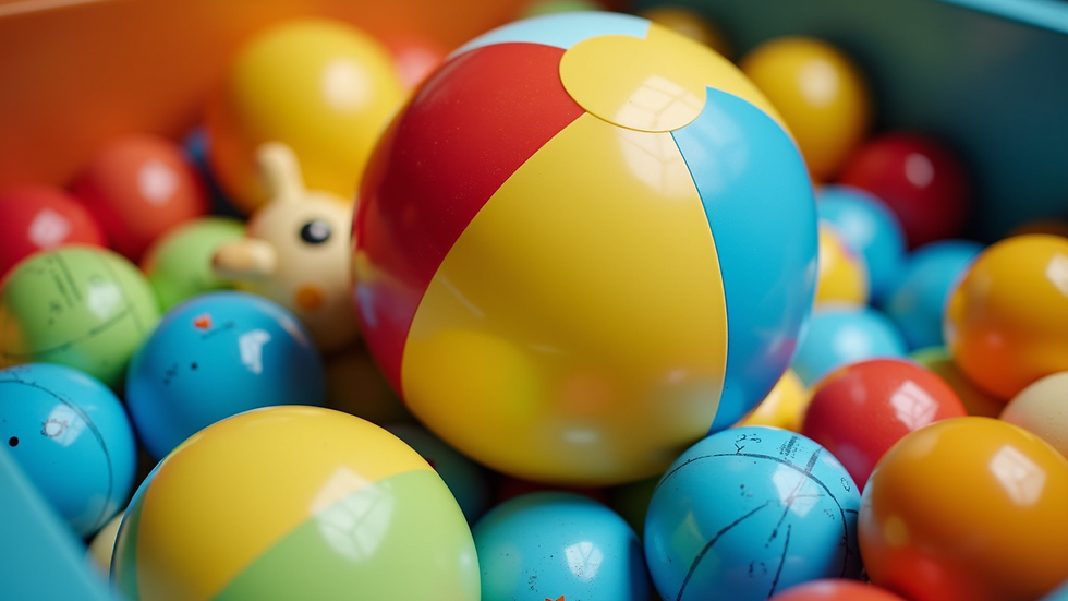 High angle view of a colorful beach ball and toys inside a sensory bin
