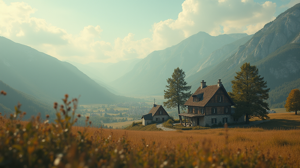 Wide angle view of a dreamy village landscape
