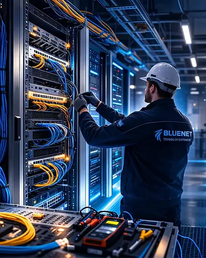 “Bluenet Teknoloji Sistemleri teknik ekibi sistem odasında fiber optik ve ağ altyapı kurul