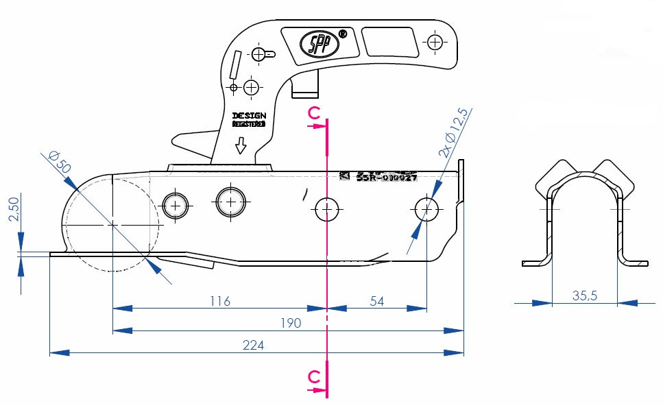 Miniatură: Cupla remorca 750 kg profil bara rotunda 35,50 mm SPP