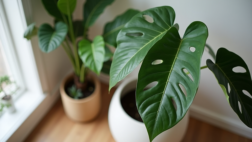 High angle view of large fiddle leaf fig plant in stylish ceramic pot