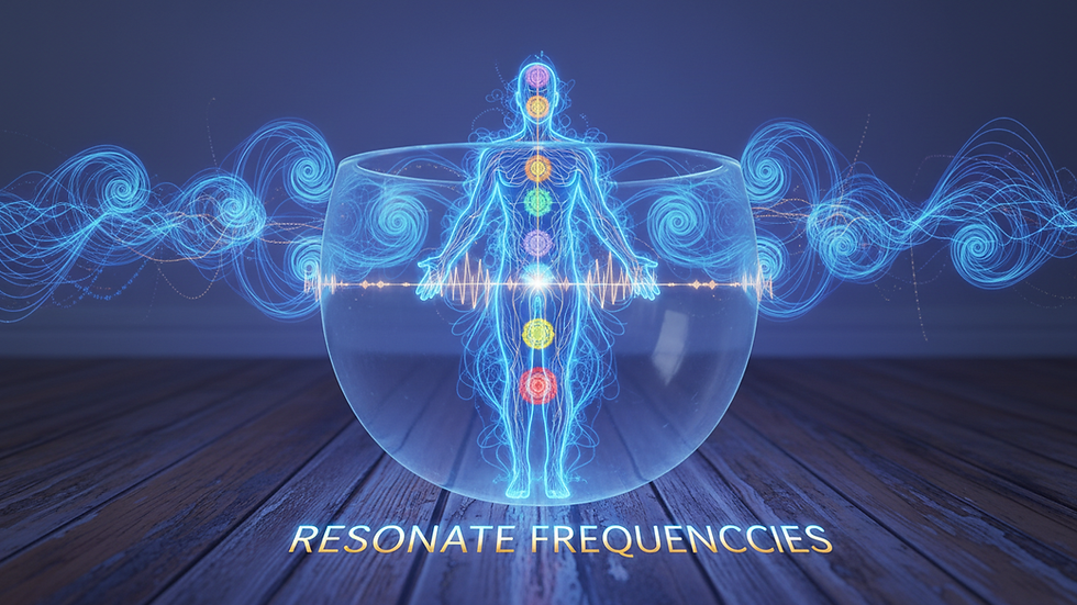 Eye-level view of a crystal singing bowl on a wooden floor