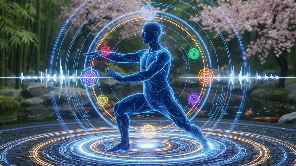 Eye-level view of a person practicing qigong in a peaceful garden