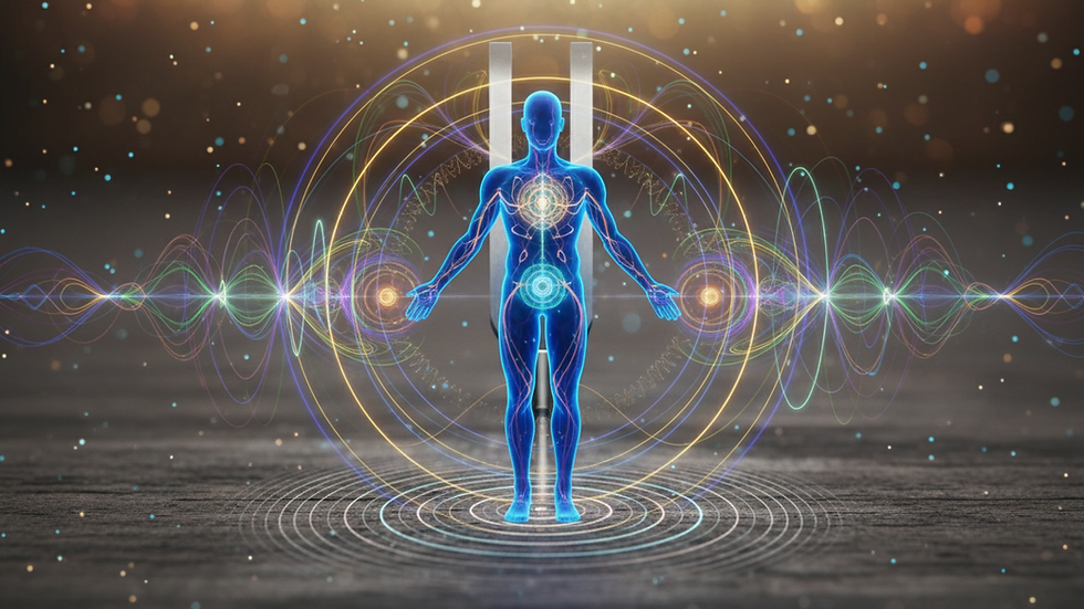 Close-up view of a tuning fork vibrating on a wooden surface