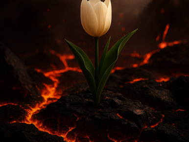 A single white tulip blooming from black volcanic rock surrounded by lava—symbolizing fragile strength, rebirth, and growth through adversity.