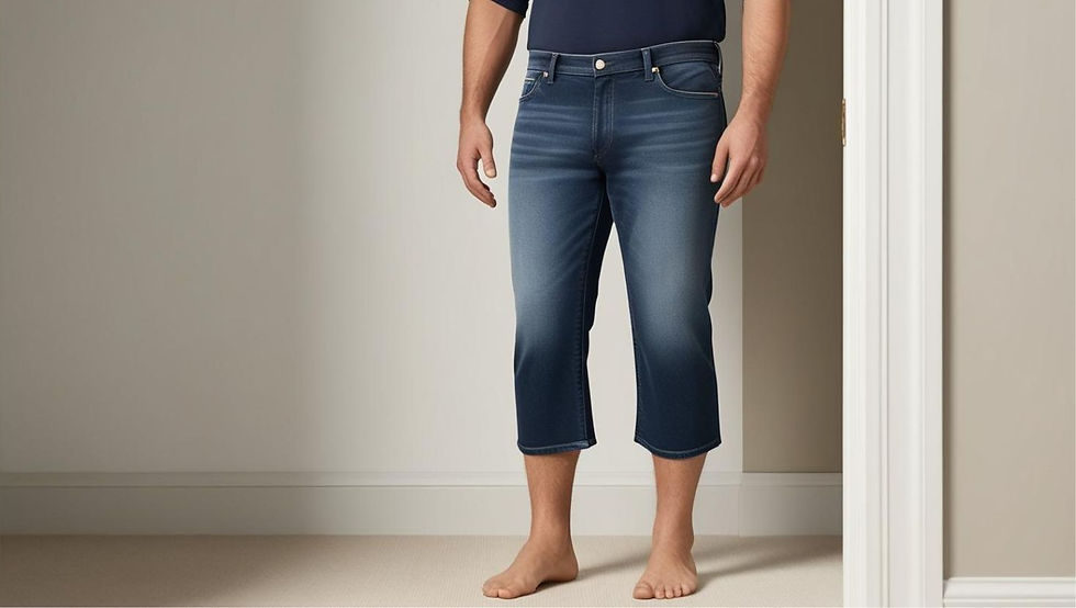Man standing with old pants after leg lengthening