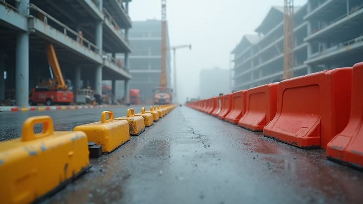 Eye-level view of a construction site with lead-safe containment barriers
