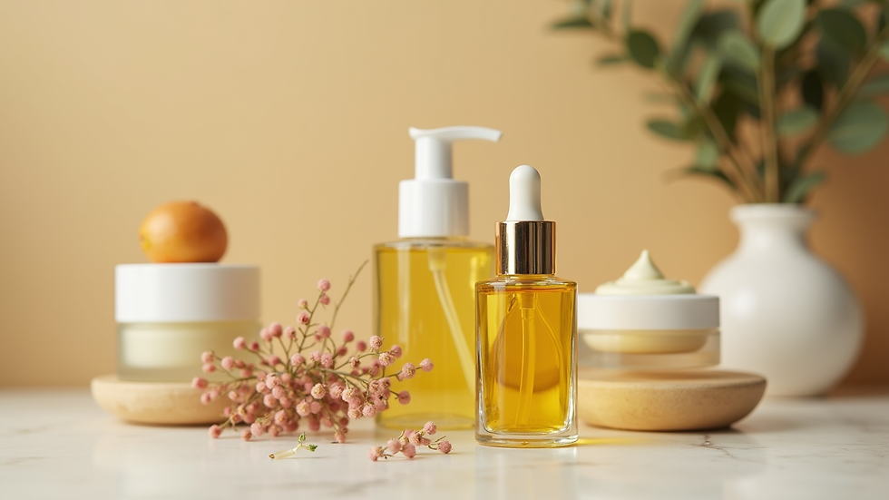 Eye-level view of a skincare routine setup with natural oils and creams