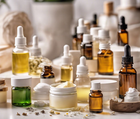 handmade skincare product laboratory with creams, serums, facial oilsm, essential oils and