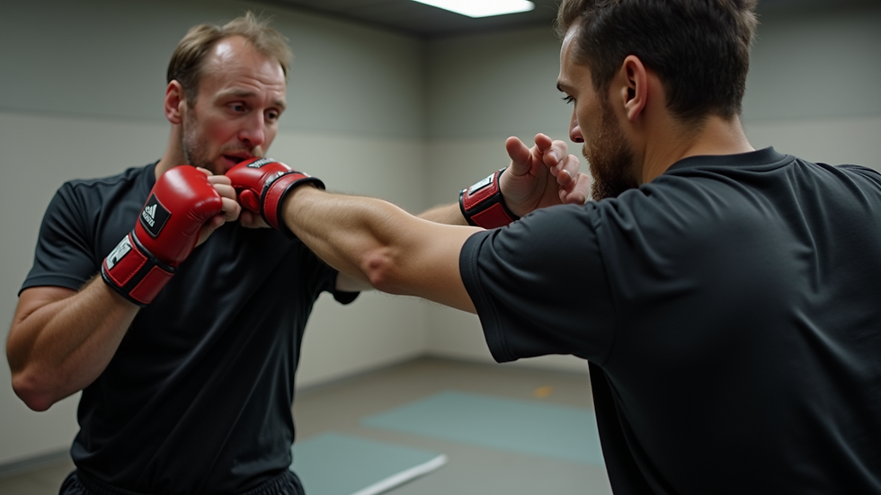 Close-up view of a Krav Maga instructor demonstrating a strike to a student