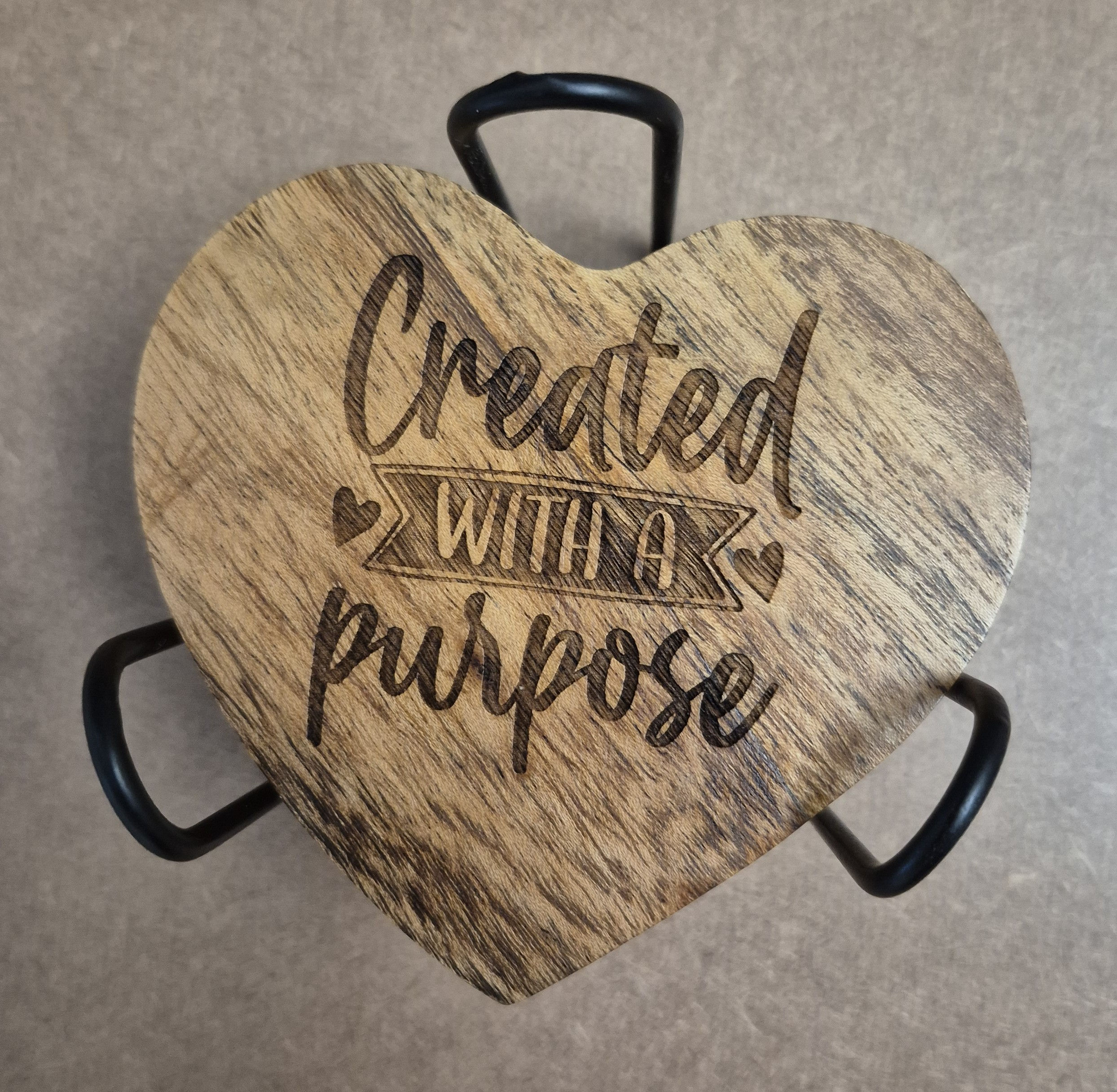 Four Acacia Heart Coasters & Holder