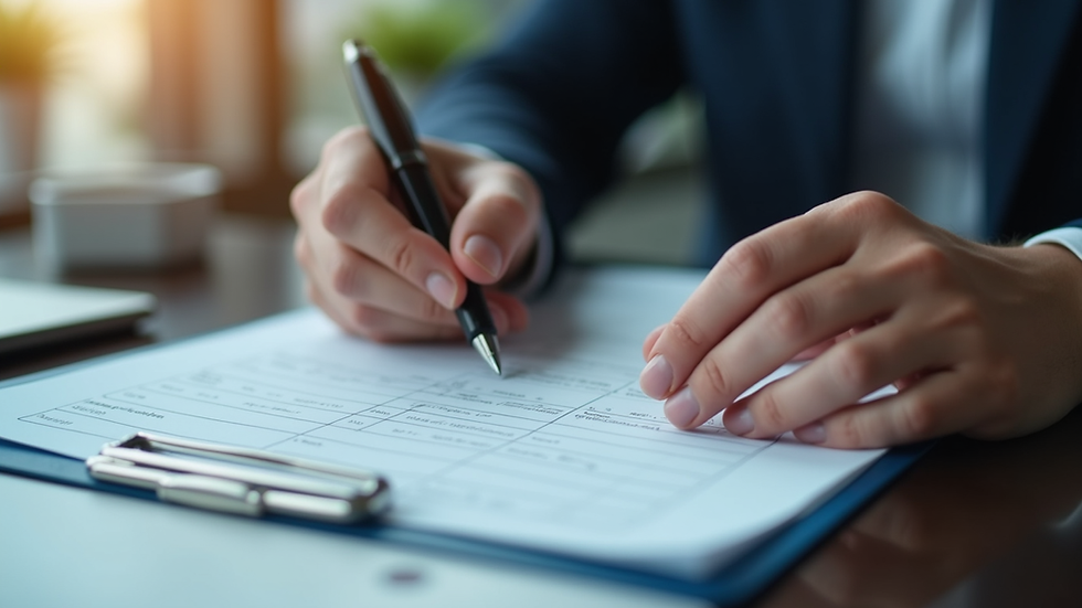 Close-up view of hands holding vehicle registration documents and a pen